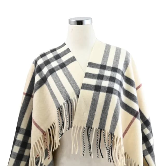 【BURBERRY 巴寶莉】英系經典格紋100%喀什米爾羊毛保暖雙面披肩長圍巾(米白)