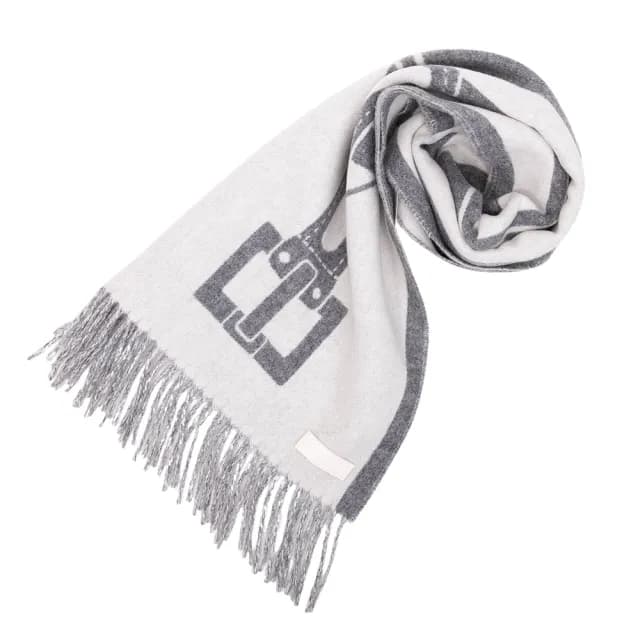 【Hermes 愛馬仕】Casaque Les Sangles喀什米爾雙面圍巾(象牙白 / 灰色)