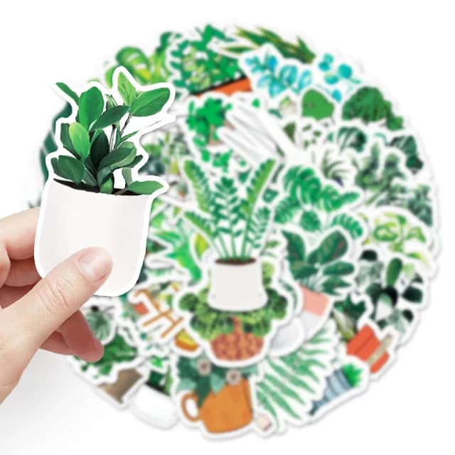 【Paper Play】創意多用途防水貼紙-生機盎然綠色盆栽植物 50枚入(防水貼紙 行李箱貼紙 手機貼紙 水壺貼紙)
