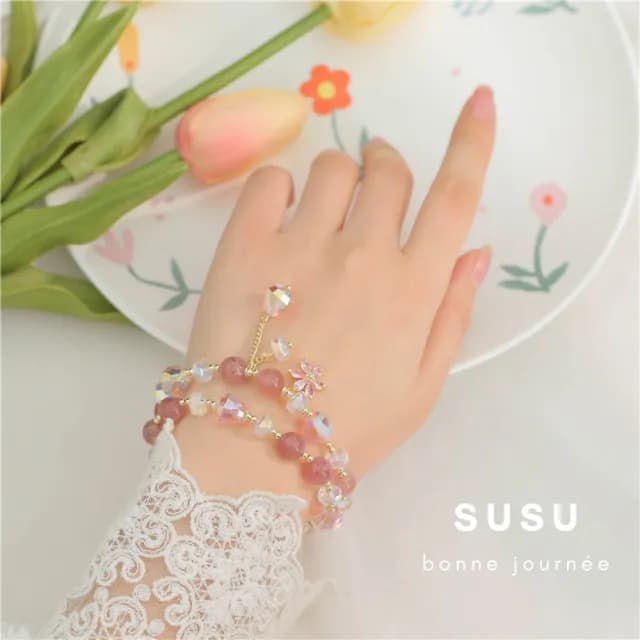 【SU SU】多寶水晶雙圈粉鑽手鍊(草莓晶 紫水晶 粉水晶 事業運 招財 轉運 能量 防小人 水晶手鍊)