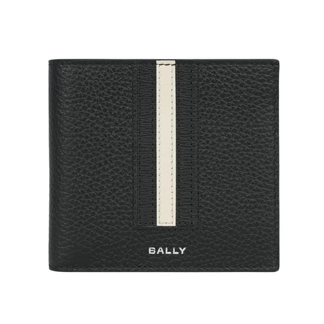 【BALLY】Ribbon 黑白條紋牛皮對開8卡短夾(黑色)