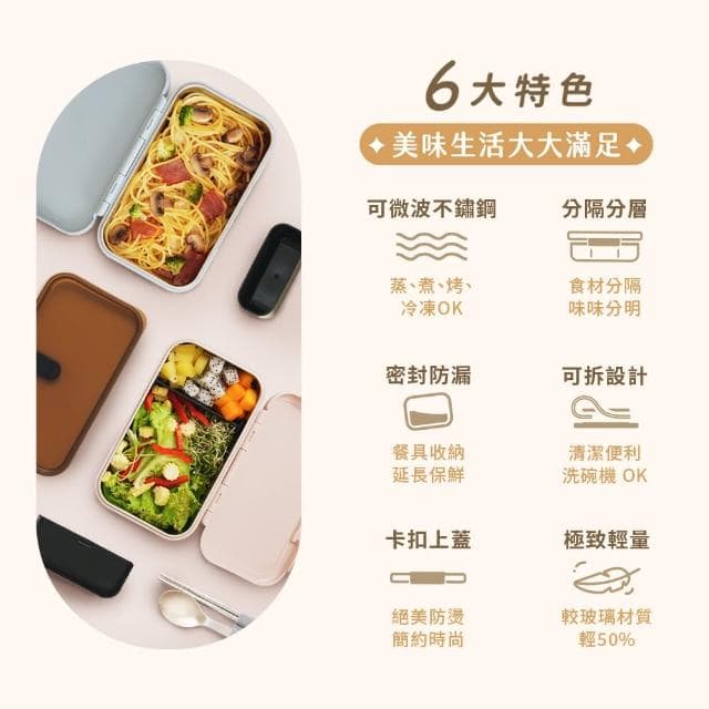 【MASIONS 美心】Deluxe KAKO 卡扣盒 可微波頂級不鏽鋼防漏分層分隔便當盒-四色選(950ml 附餐具)