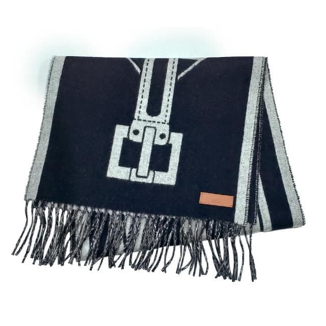 【Hermes 愛馬仕】H259151S 02 Casaque Les Sangles經典羊毛雙面編織流蘇圍巾(藍灰色)