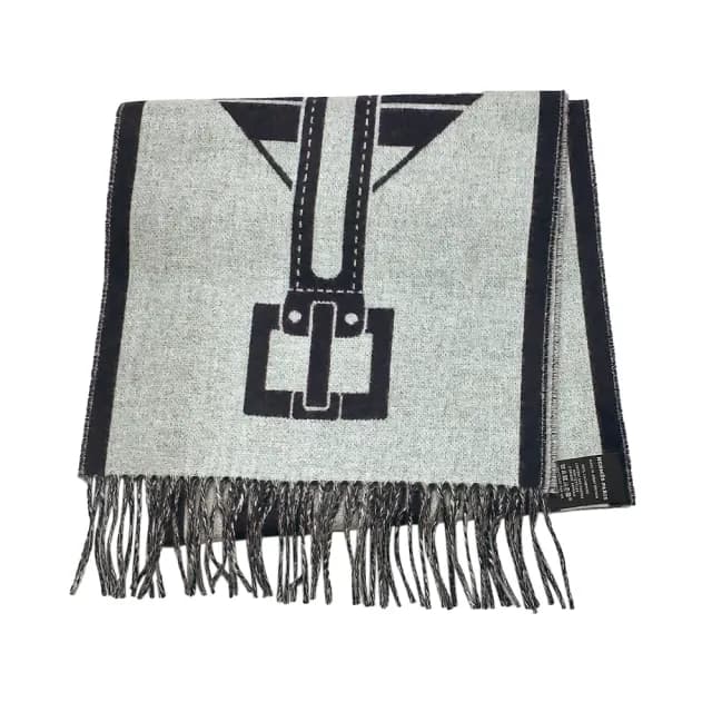 【Hermes 愛馬仕】H259151S 02 Casaque Les Sangles經典羊毛雙面編織流蘇圍巾(藍灰色)