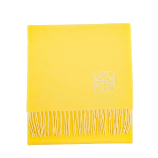 【LOEWE 羅威】經典刺繡Anagram 圖案羊毛羊絨混紡流蘇圍巾(黃色)