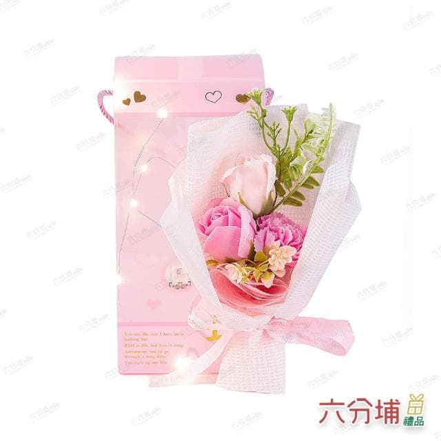【六分埔禮品】LED玫瑰香皂花康乃馨花PVC禮盒-粉色(Ins生日畢業禮物花束人造花母親節告白情人節求婚)