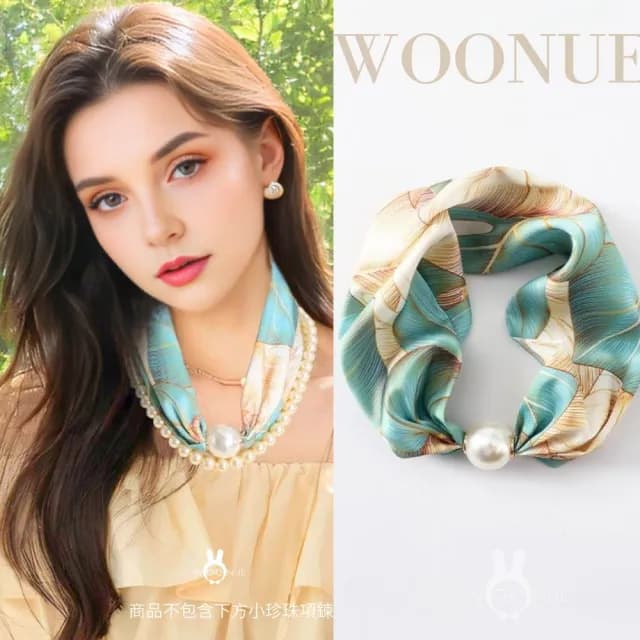 【WOONUE】貴婦高級磁扣絲巾項鍊珍珠樣式絲綢質感領巾圍巾項鍊(送禮母親節老婆媽媽女友閨蜜朋友姐妹禮物)