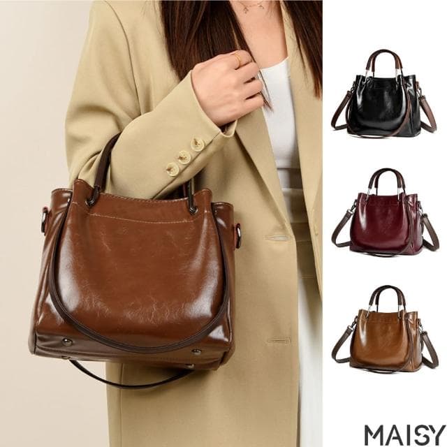 【MAISY】母親節禮物 復古高質感大容量水桶包 手提包 肩背包(咖啡色／紅色／黑色)