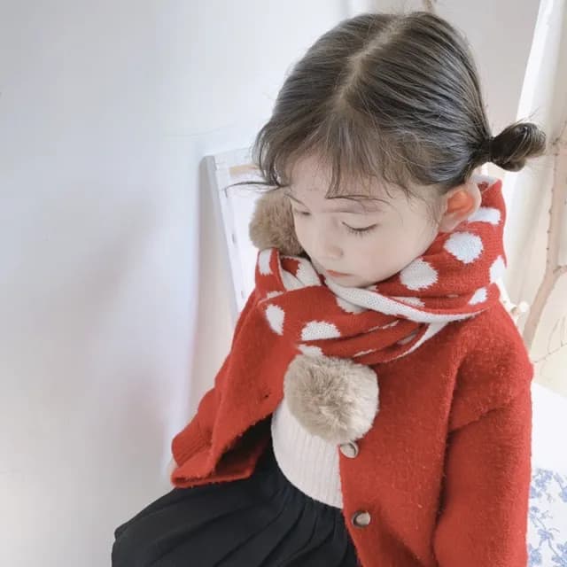 【安朵童舖】現貨日韓版兒童毛線圍巾復古圓點兒童圍巾針織雙面男童毛線球圍巾女童圍巾小童圍巾(105)