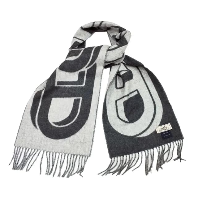 【Hermes 愛馬仕】H394825T 07 Maillons TGM經典羊毛雙面編織流蘇圍巾(黑X灰色)