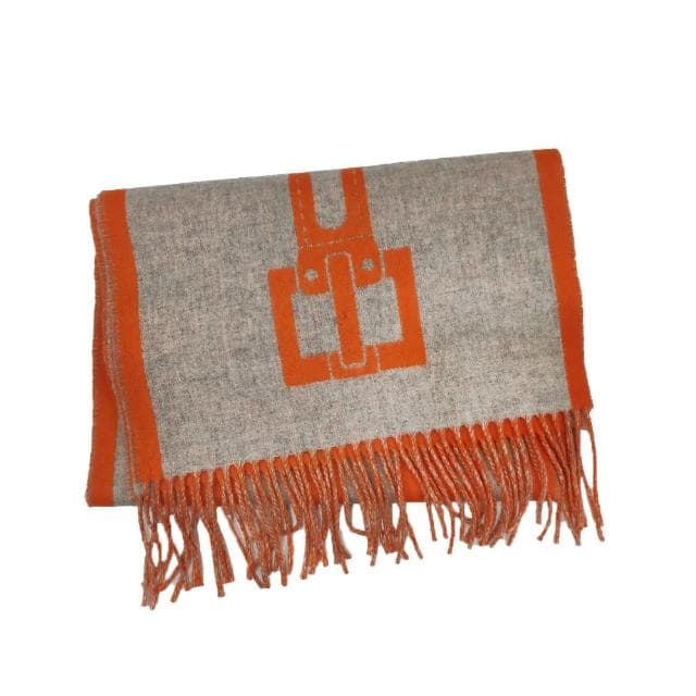 【Hermes 愛馬仕】H259151S 03 Casaque Les Sangles經典羊毛雙面編織流蘇圍巾(橘X灰色)