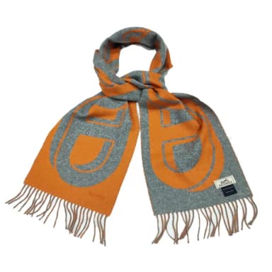 【Hermes 愛馬仕】H394825T 05 Maillons TGM經典羊毛雙面編織流蘇圍巾(橘X灰色)