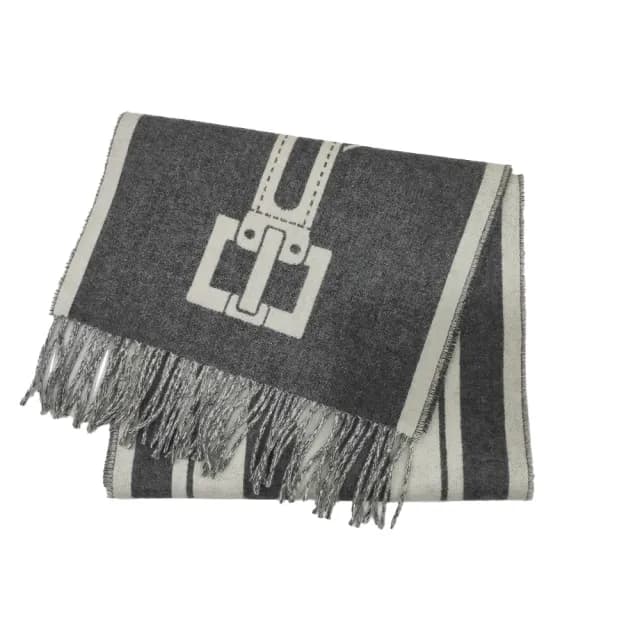 【Hermes 愛馬仕】H259151S 01 Casaque Les Sangles經典羊毛雙面編織流蘇圍巾(象牙白X灰色)