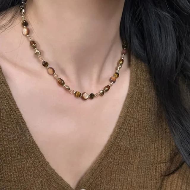 【Penny珮妮】美拉德輕奢不規則虎眼石項鍊(母親節 送女友 交換禮物  生日禮 情人節 尾牙 新年 結婚 送閨蜜)