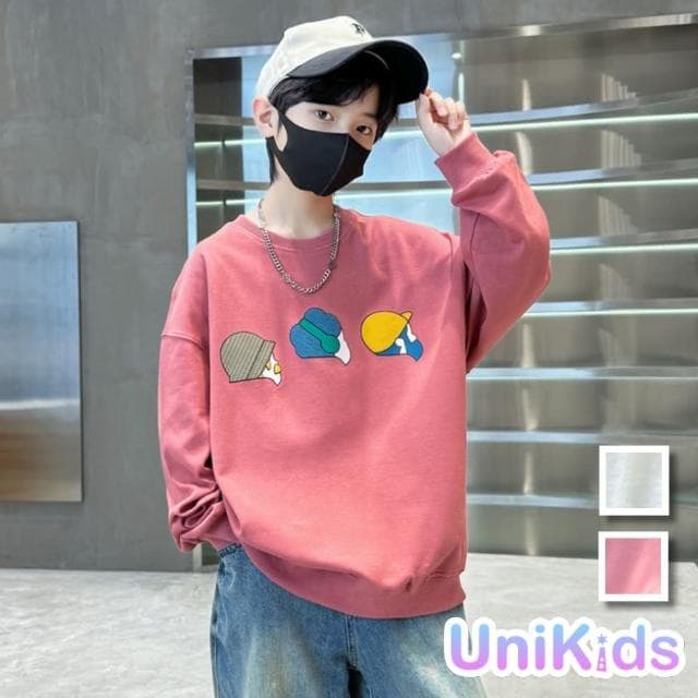 【UniKids】中大童裝長袖T恤插畫人物 男大童裝女大童裝  VPWY8502(米白 粉)