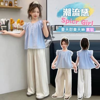 【小衣衫童裝】中大女童夏天短袖天絲長褲套裝(1140302)