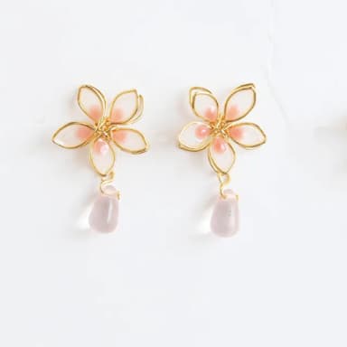 【海藍樂木珠寶 La Morongo Jewelry】S925銀日系櫻花珐琅水滴耳釘紫色(S925銀 耳釘 日系 氣質)