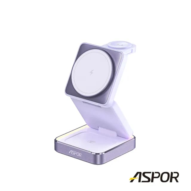 【ASPOR】W90 22W小魔方摺疊三合一磁吸無線充電座(手機/AppleWaetch手錶/耳機無線充電/呼吸氣氛燈)