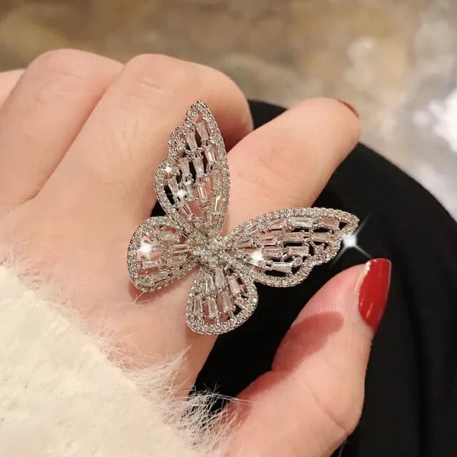 【KT DADA】情人節禮物 蝴蝶戒指 純銀戒指 925 戒指女生 鋯石戒指 開口戒指 可調節 復古 高級感 造型戒指