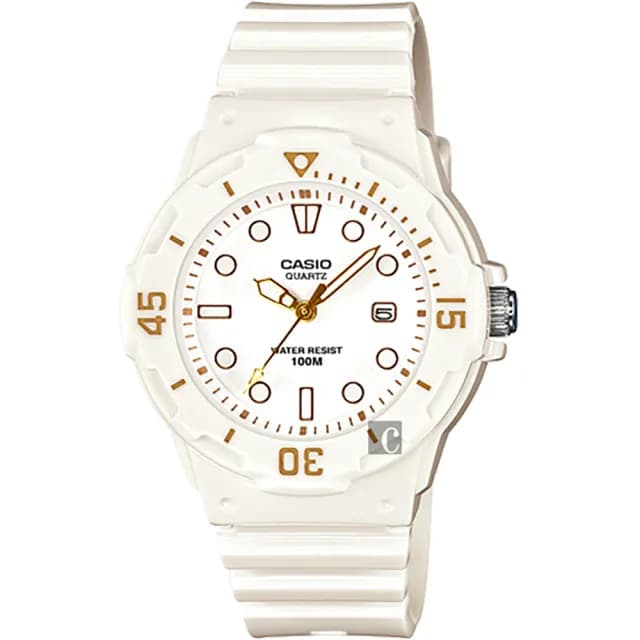 【CASIO 卡西歐】卡西歐 迷你運動風指針手錶-金時標x白 畢業禮物 送禮(LRW-200H-7E2VDF)