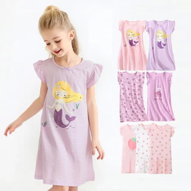 【橘魔法】美人魚 草莓 跳舞兔子條紋小飛袖連身裙(洋裝 連衣裙 大童 居家服 睡裙 睡衣 童裝 女童 兒童)