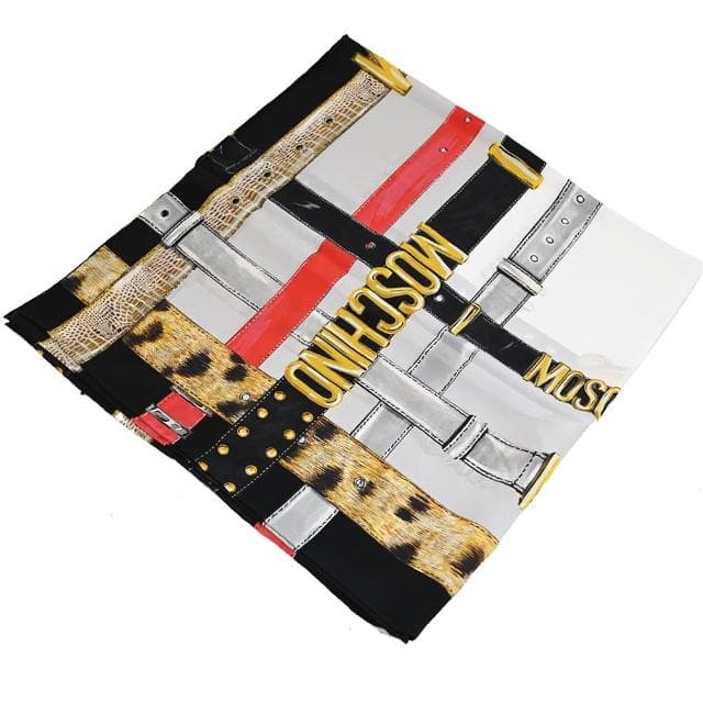 【MOSCHINO】經典LOGO品牌皮帶純絲披肩方型大絲巾圍巾(黑白)