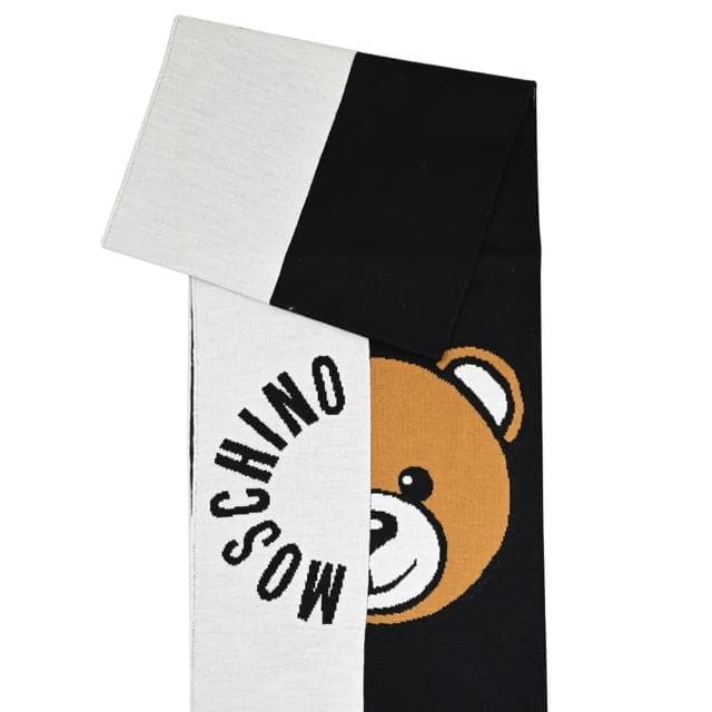 【MOSCHINO】經典品牌LOGO泰迪熊雙色混羊毛窄版針織披肩長圍巾(白/黑)