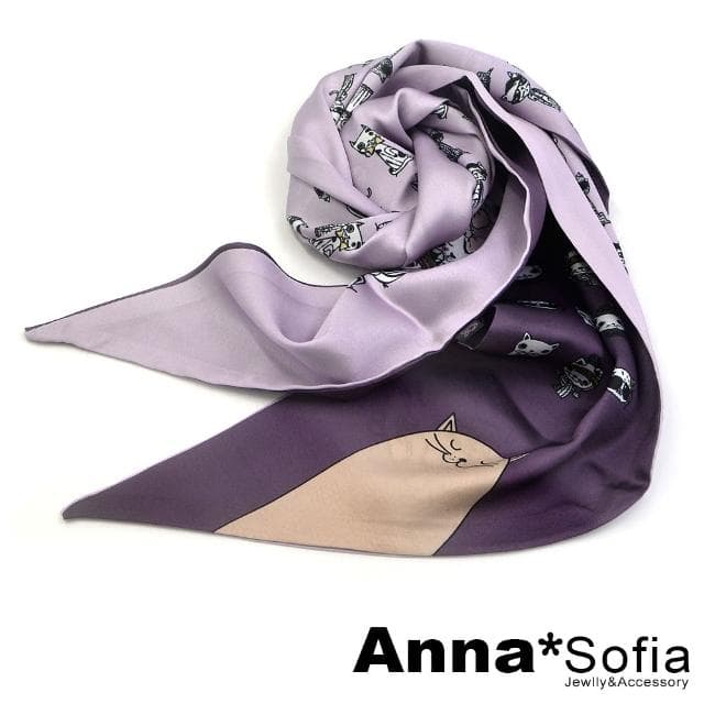【AnnaSofia】仿絲領巾絲巾-萌貓家族斜角 窄版緞面 現貨(雙紫系)