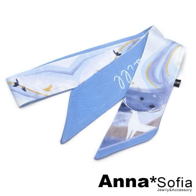 【AnnaSofia】仿絲領巾絲巾圍巾-星河鹿影 窄版緞面 現貨(藍系)