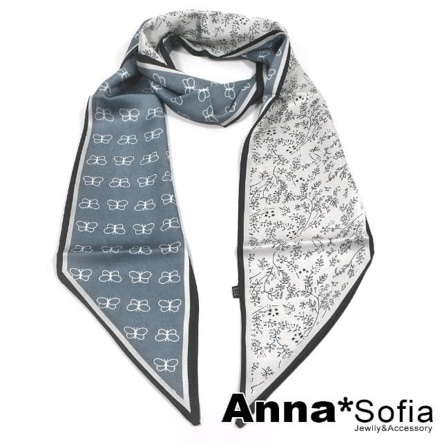 【AnnaSofia】仿絲領巾絲巾圍巾-線蝶葉花斜角 現貨(灰藍系)