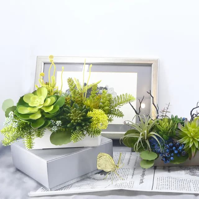 【HUGO DECO 榆果傢飾】寶石蓮多肉組合長盆植栽(擬真植物/人造盆栽/綠化/佈置/禮物)