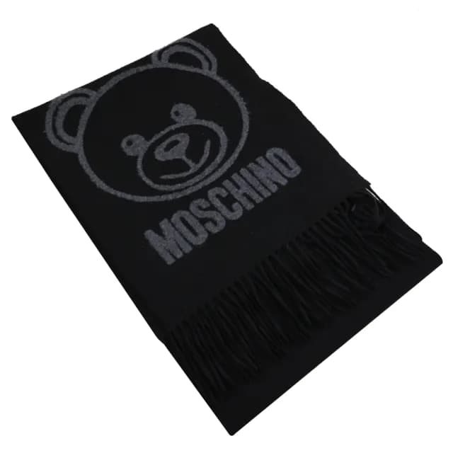 【MOSCHINO】經典品牌LOGO泰迪熊純羊毛流蘇保暖披肩長圍巾(黑)