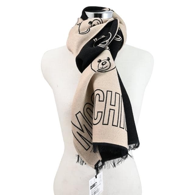 【MOSCHINO】經典滿版泰迪熊圖案雙面混羊毛保暖披肩長圍巾(黑/褐)