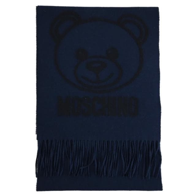 【MOSCHINO】經典品牌LOGO泰迪熊純羊毛流蘇保暖披肩長圍巾(深藍)