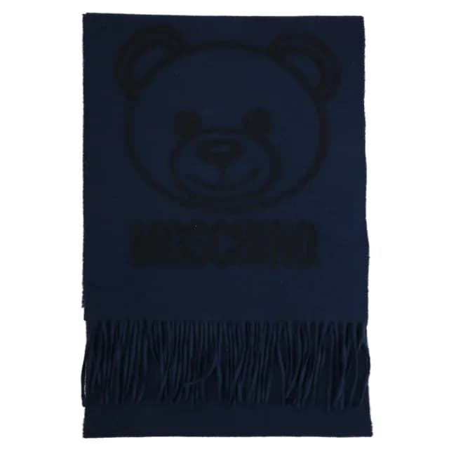 【MOSCHINO】經典品牌LOGO泰迪熊純羊毛流蘇保暖披肩長圍巾(深藍)