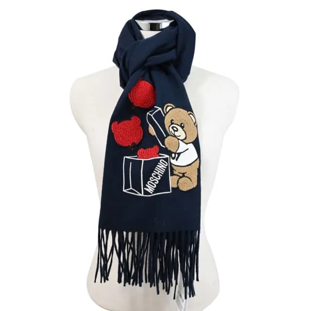 【MOSCHINO】品牌LOGO小熊氣球禮物純羊毛流蘇保暖披肩長圍巾(深藍)