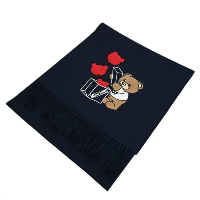 【MOSCHINO】品牌LOGO小熊氣球禮物純羊毛流蘇保暖披肩長圍巾(深藍)