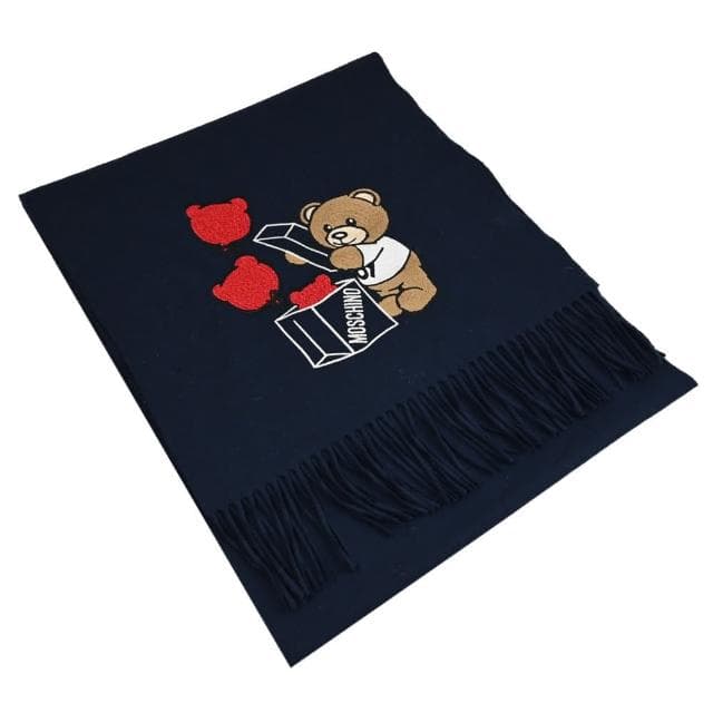 【MOSCHINO】品牌LOGO小熊氣球禮物純羊毛流蘇保暖披肩長圍巾(深藍)