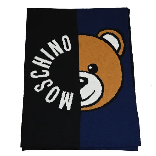 【MOSCHINO】經典品牌LOGO泰迪熊雙色混羊毛窄版針織披肩長圍巾(黑/深藍)