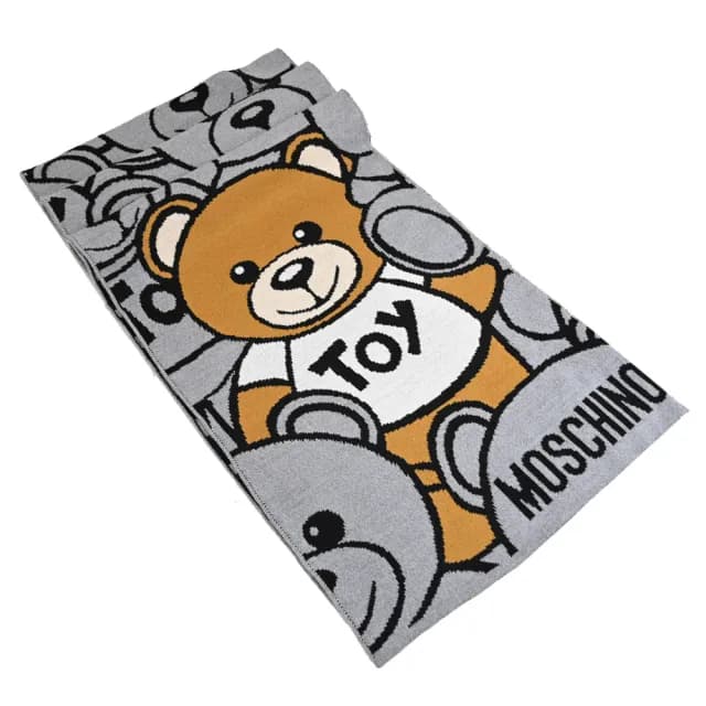 【MOSCHINO】品牌滿版LOGO泰迪熊純羊毛撞色保暖披肩長圍巾(灰)
