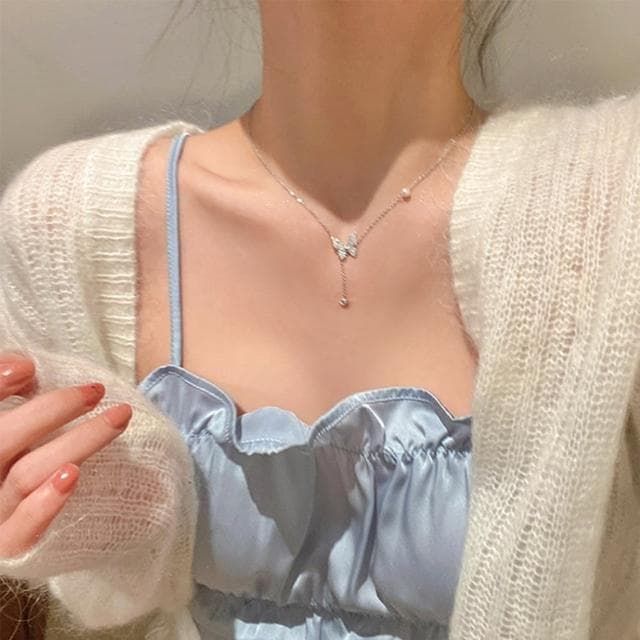 【KT DADA】項鍊 飾品 配件 純銀項鍊 銀項鍊 蝴蝶項鍊 閨蜜項鍊 鑽石項鍊 女朋友生日禮物 銀鏈 銀飾 項鏈
