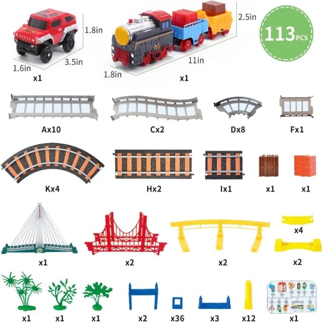 【CuteStone】兒童擬真軌道吉普車與高架橋鐵道聲光火車套裝玩具113件組(軌道☆ 玩具車 生日玩具)