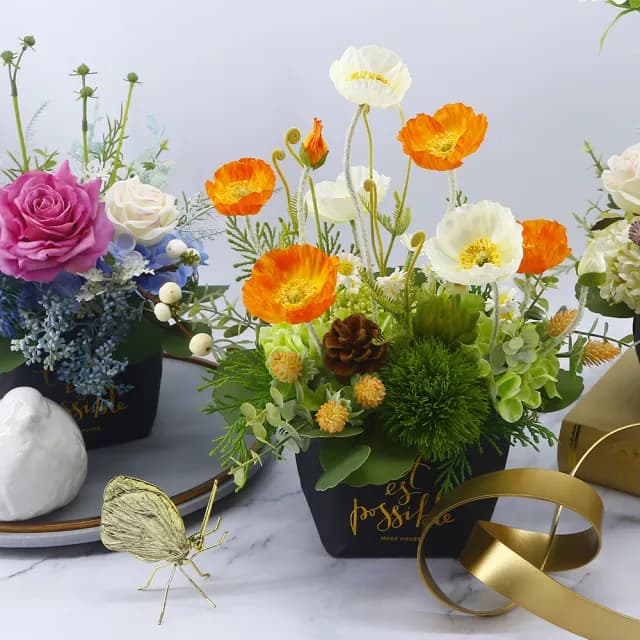 【HUGO DECO 榆果傢飾】春日微風橘白虞美人紙袋花禮(擬真植物/人造盆栽/綠化/佈置/禮物)