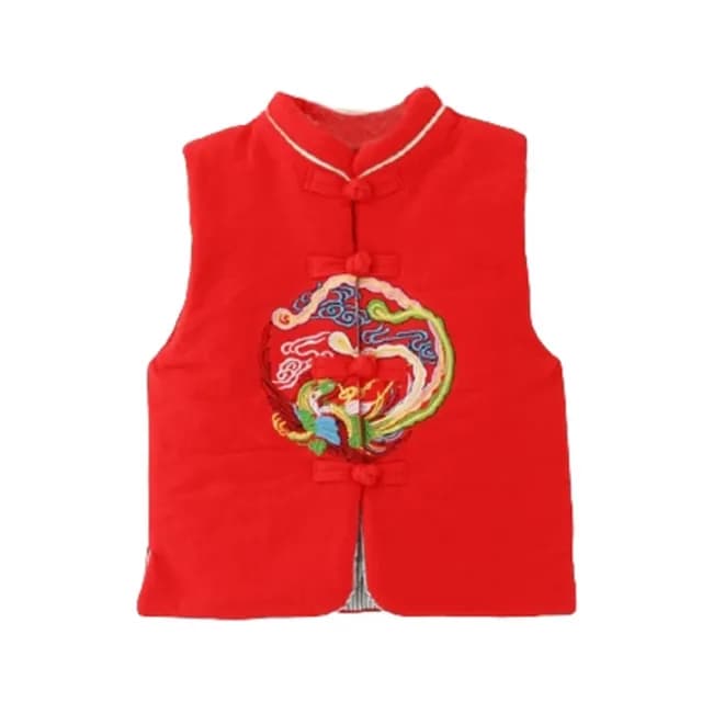 【橘魔法】中國風刺繡鳳凰盤扣鋪棉背心 （略有製作痕跡）(大童 新年 過年 背心 馬甲 大紅 女童 兒童 童裝)