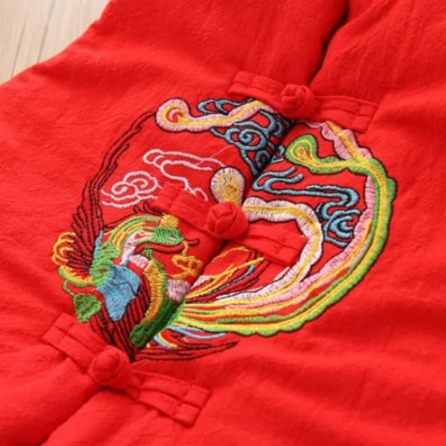 【橘魔法】中國風刺繡鳳凰盤扣鋪棉背心 （略有製作痕跡）(大童 新年 過年 背心 馬甲 大紅 女童 兒童 童裝)