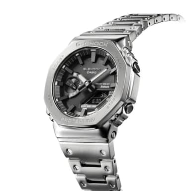 【CASIO 卡西歐】G-SHOCK 全重金屬打造八角防護構造太陽能藍牙雙顯錶-銀X黑面(GM-B2100D-1A)