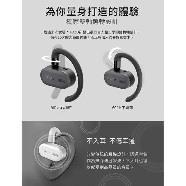【TOZO】OpenBuds降噪開放式AI輔助氣傳導無線藍芽耳機(chatGPT/智慧錄音/ENC通話降噪/耳掛式)
