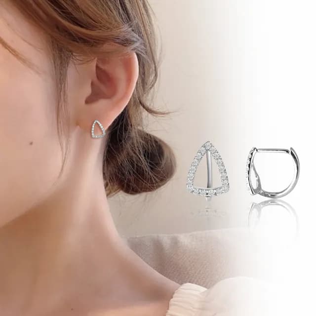【City Diamond 引雅】立體三角晶鑽白K耳環