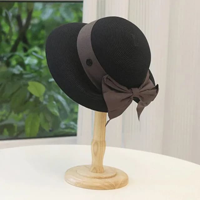【MoonDy】情人節禮物 帽子 遮陽帽 女生帽子 草帽 法式 復古帽子 優雅 蝴蝶結  防曬 草編帽 平頂草帽 牛油