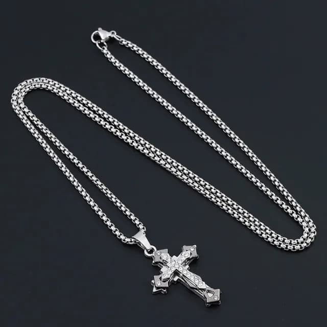 【Umi】復古多層次立體水鑽十字架吊墜項鍊鈦鋼龍骨鏈(男女中性嘻哈情侶夜店學生不鏽鋼長毛衣鏈)
